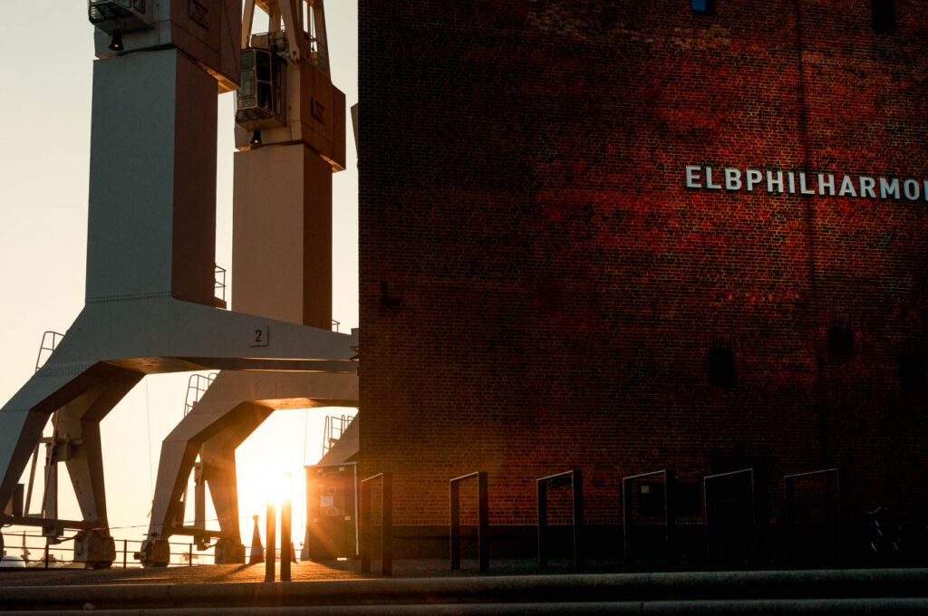 Die Krähne an der Wasserseite der Elbphilharmonie bei Sonnenuntergang.